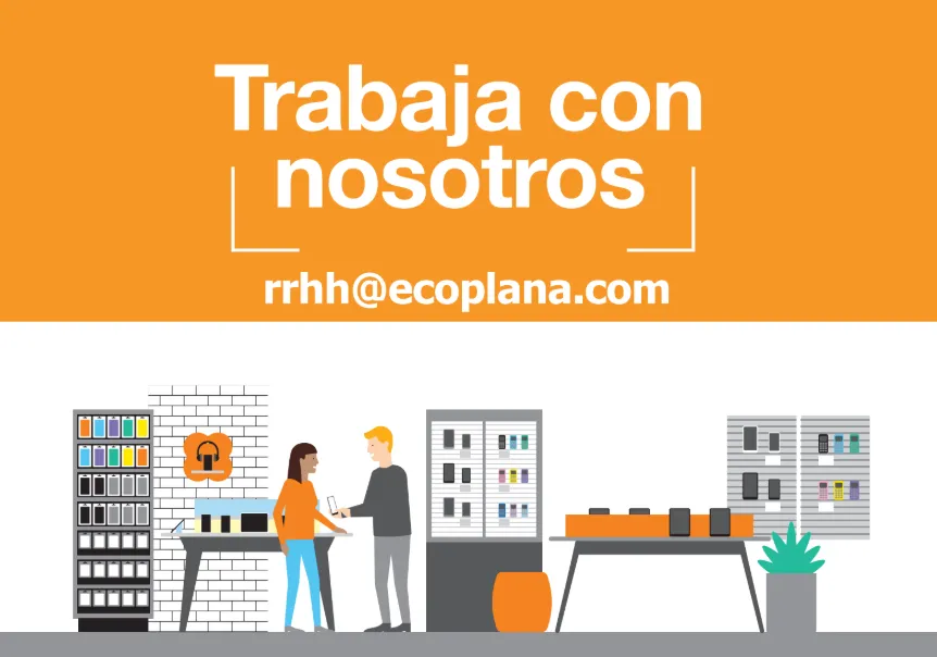 Ilustración de una tienda Orange con un cliente siendo atendido en el mostrador